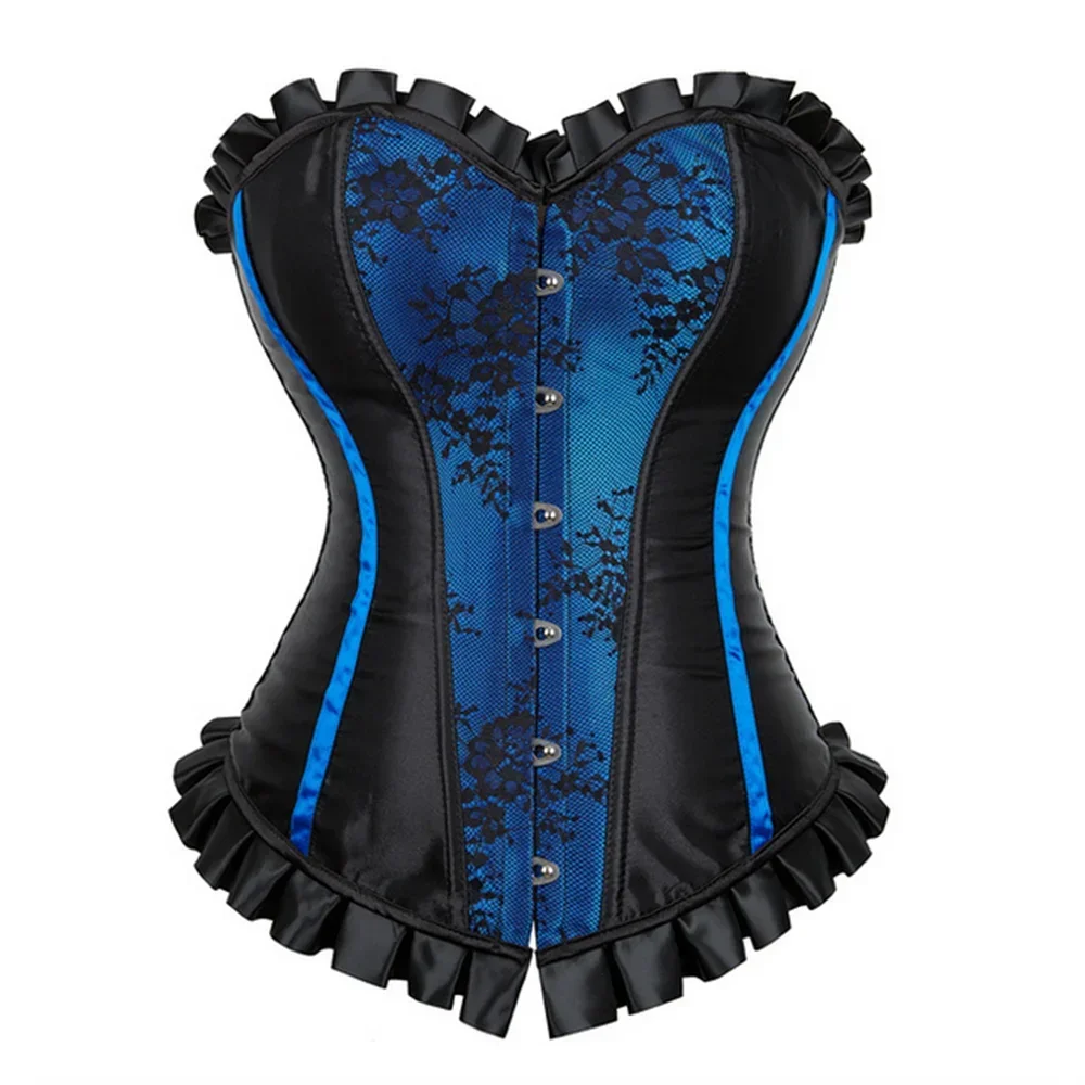 

Women Corset Top Plus Size Satin Lace Flower Ruffles Corselet Sexy Lingerie Overbust Body Shaper Vintage Bustier