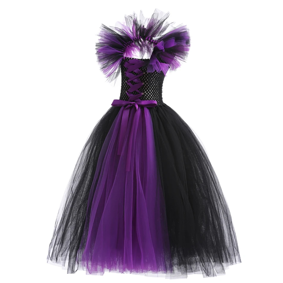 Girls Black Purple Witch Costume Long Tulle Dress Ruffle Off Shoulder Kids Maleficent Cosplay Outfit for Halloween Carnival