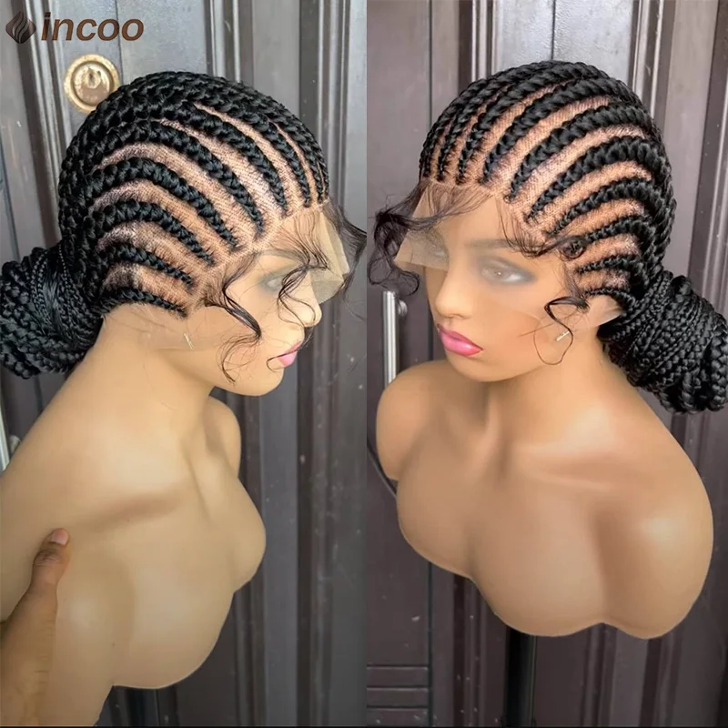 Wig kepang Pilin Cornrow sintetis 36 ", Wig jalinan pirang Ombre, Wig kepang kotak tanpa simpul Dewi Locs, kepang depan renda penuh