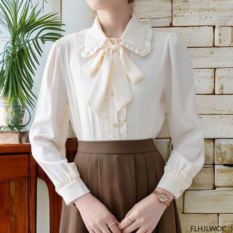 Female Tops Blouses Hot Sales 2024 Cute Sweet Girls Preppy Style Solid Lace-Up Bow Tie Formal Work Office Lady Basic Shirts