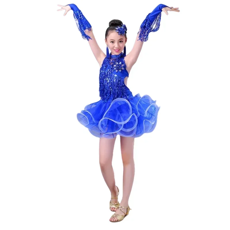 Costume de danse latine pour enfants, robe à franges de danse Sasha pour filles, Costume de compétition de spectacle à paillettes pour jupe latine