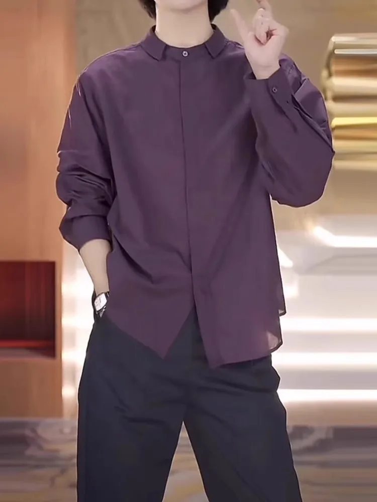 

Ретро-рубашка с длинным рукавом, фиолетовая, женская, свободного кроя, с воротником, из полиэстера, стройнящая, модная, универсальная, весна-осень