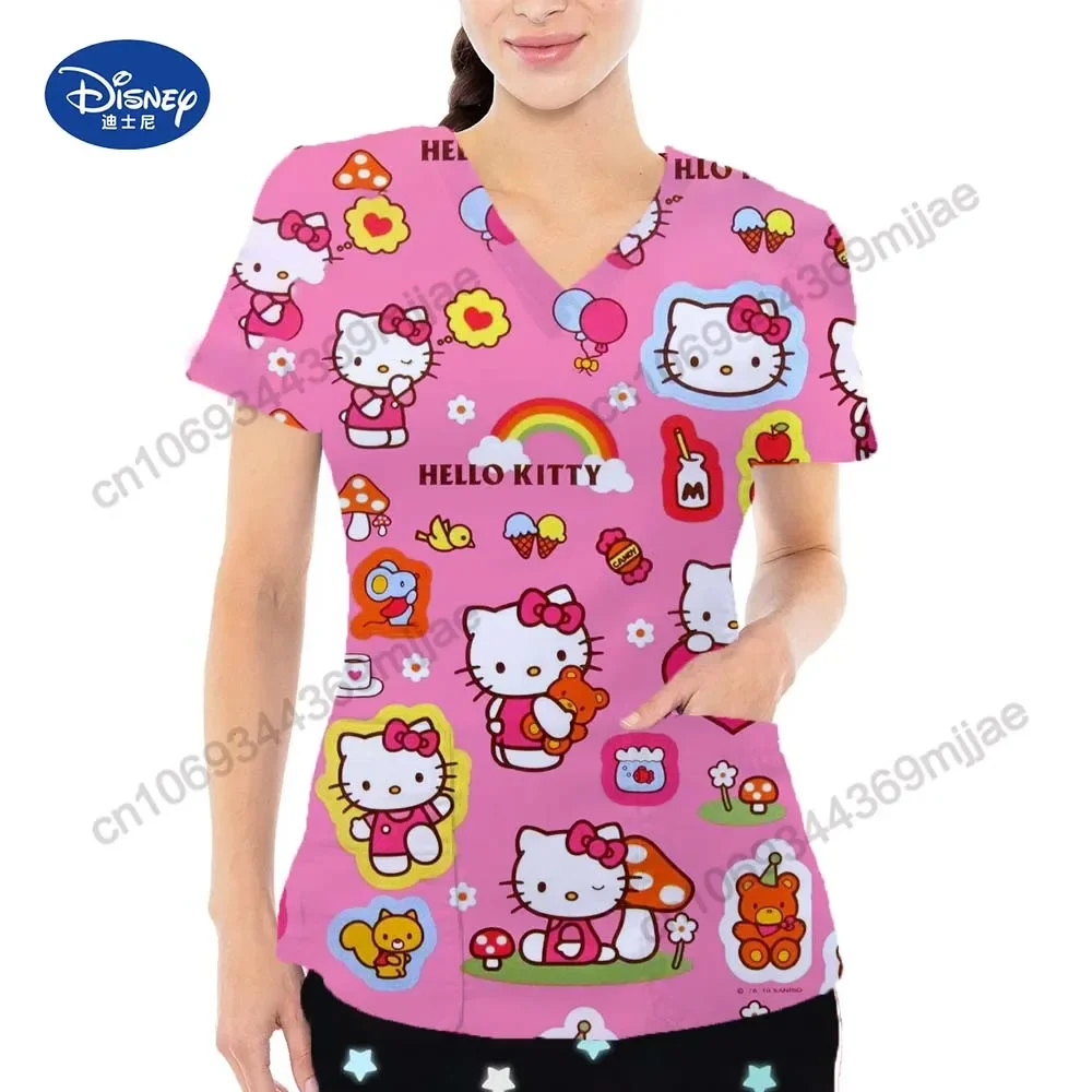 2024 Summer New Fashionable Holle kitty Printed Pattern V-neck Double Pocket Nurse Dress Comfortable and Casual Women's T-shirt