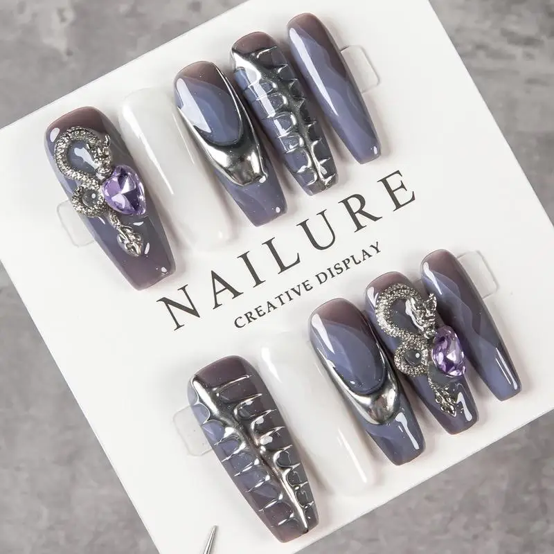 Handmade Long Coffin Press On Nails Grey White Contrast Liquid Silver Snake Purple Heart Rhinestone Fake Nails Dark Y2K Cool Got