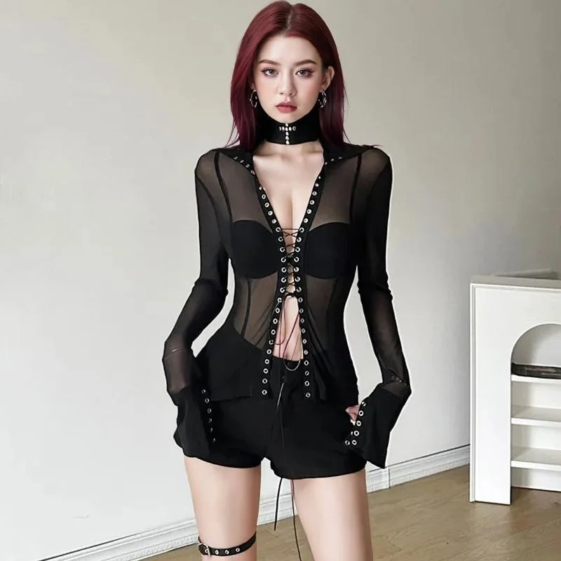 Women's Sexy Sheer Mesh Button down Long Sleeve Crop Top Breathable Casual Short Length T-Shirt for Ladies Spring Fashion