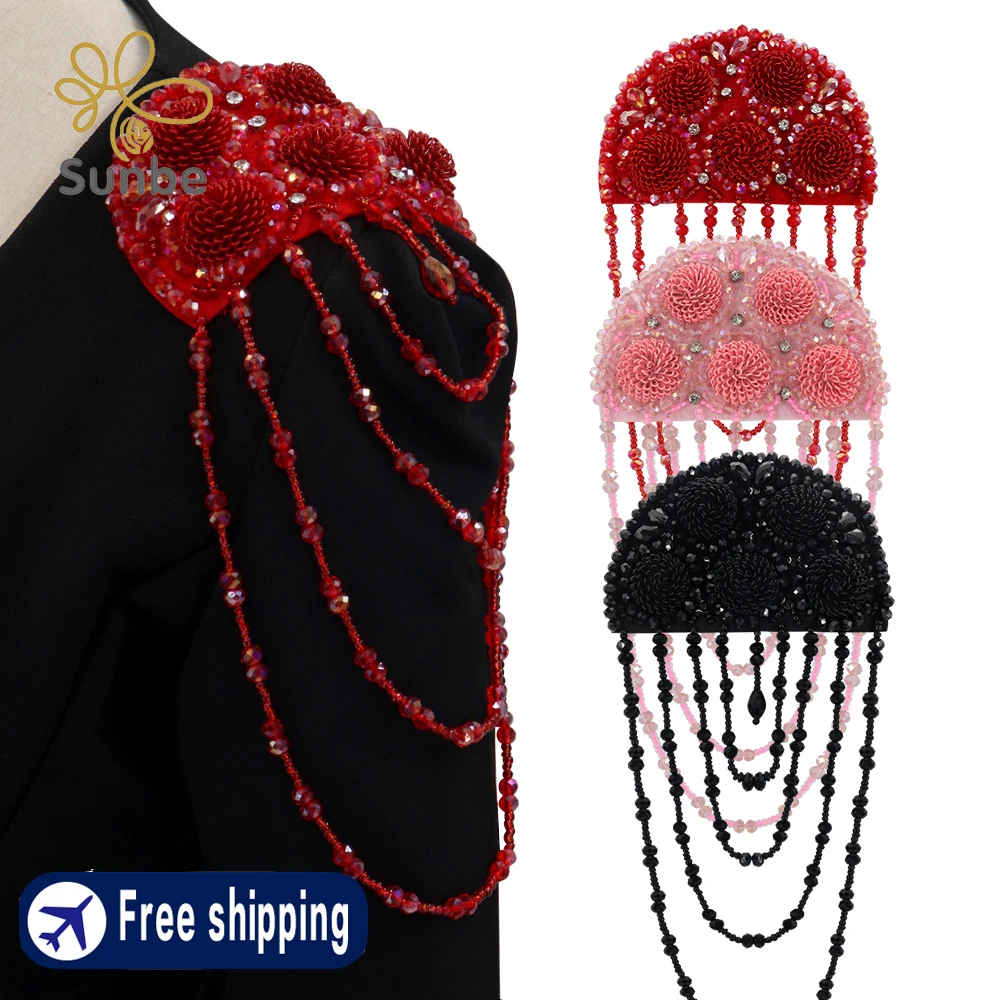 

Rhinestone Flowers Golden Tassels Epaulette Shoulder Tassel Fixed with Pins Gorgeous Epaulettes for Stage Costumes 2 pieces
