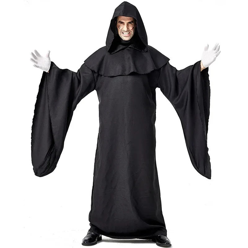 Dunkler böser Zauberer Kostüm schwarzer Umhang Robe für Männer Teufel Anhänger Halloween Cosplay Kostüm Geist Vampir Teufel Kap Bühnen kleid