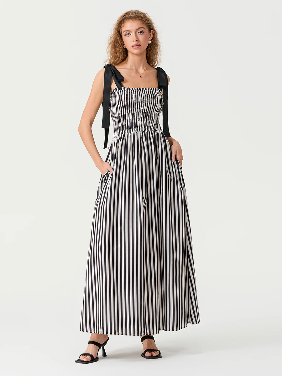 Women s Stripe Print Cami Dress Tie Spaghetti Strap Shirred Detail Backless Long Flowy Dress with Pockets