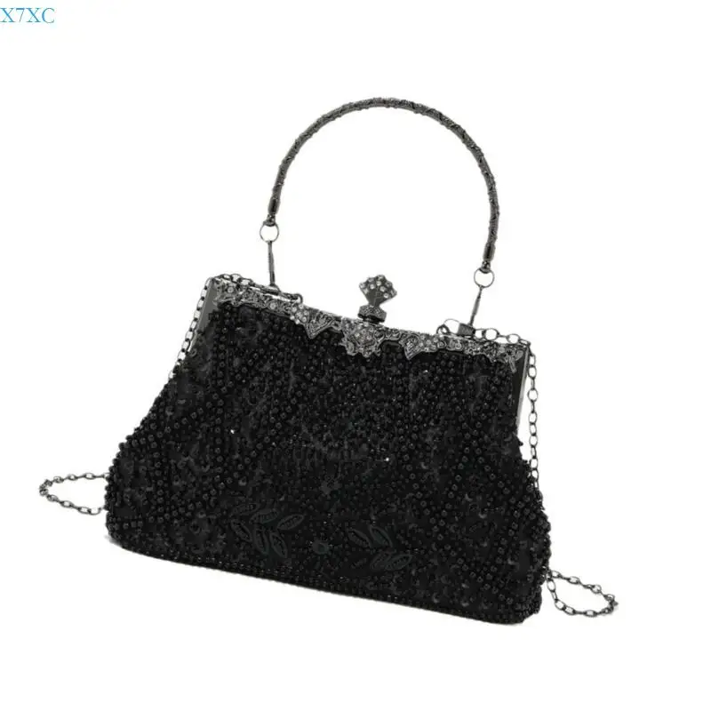 X7XC Unique Floral Handle Evening Bag With Pearls Beads Kiss Lock Shoulder Purse Crossbody Chain For Special Occasion