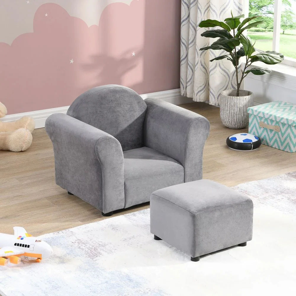 

Kids velvet Sofa Chair with Footstool, Kids Upholstered Couch with ottoman