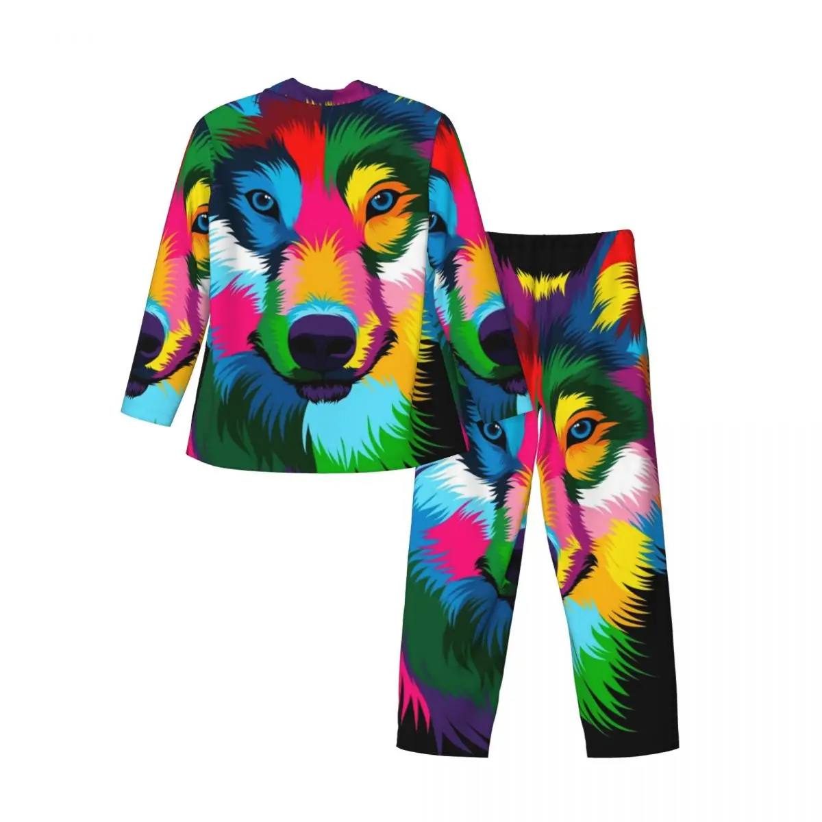 Wolf Head Pyjama Sets Grappige Dierenprint Warme Nachtkleding Heren Lange Mouwen Vintage Home 2-delig Thuispak Plus Size