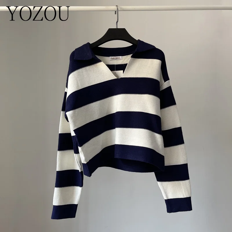 

[YOZOU] Luxury Vintage Simple Knitwear Woman Sweater Striped V Neck Loose Knitted Pullover Jumper Tops Female Korean Ladies