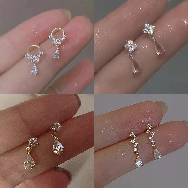 Trendy Inlaid Zircon Crystal Geometric Water Drop Stud Earrings for Women Delicate Elegant Earring Party Jewelry Accessories