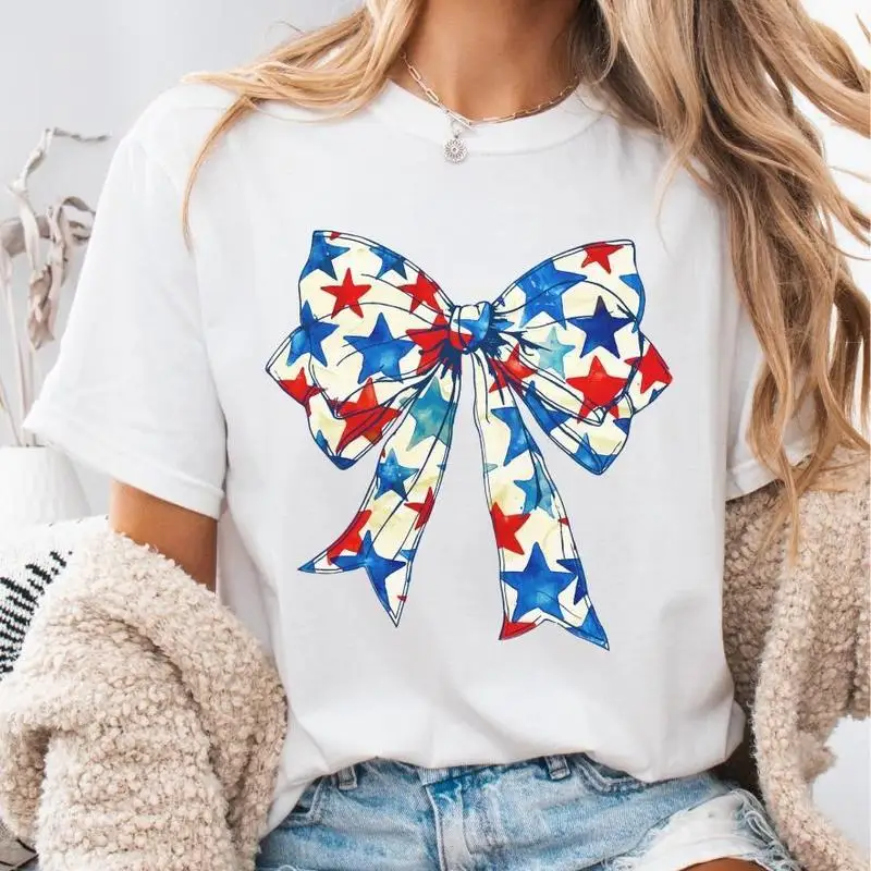 

Cute American Flag Bow T-shirt Women's Patriotism Graphic Tees Casual Summer Blouse Fashion All-match Short Sleeve Top