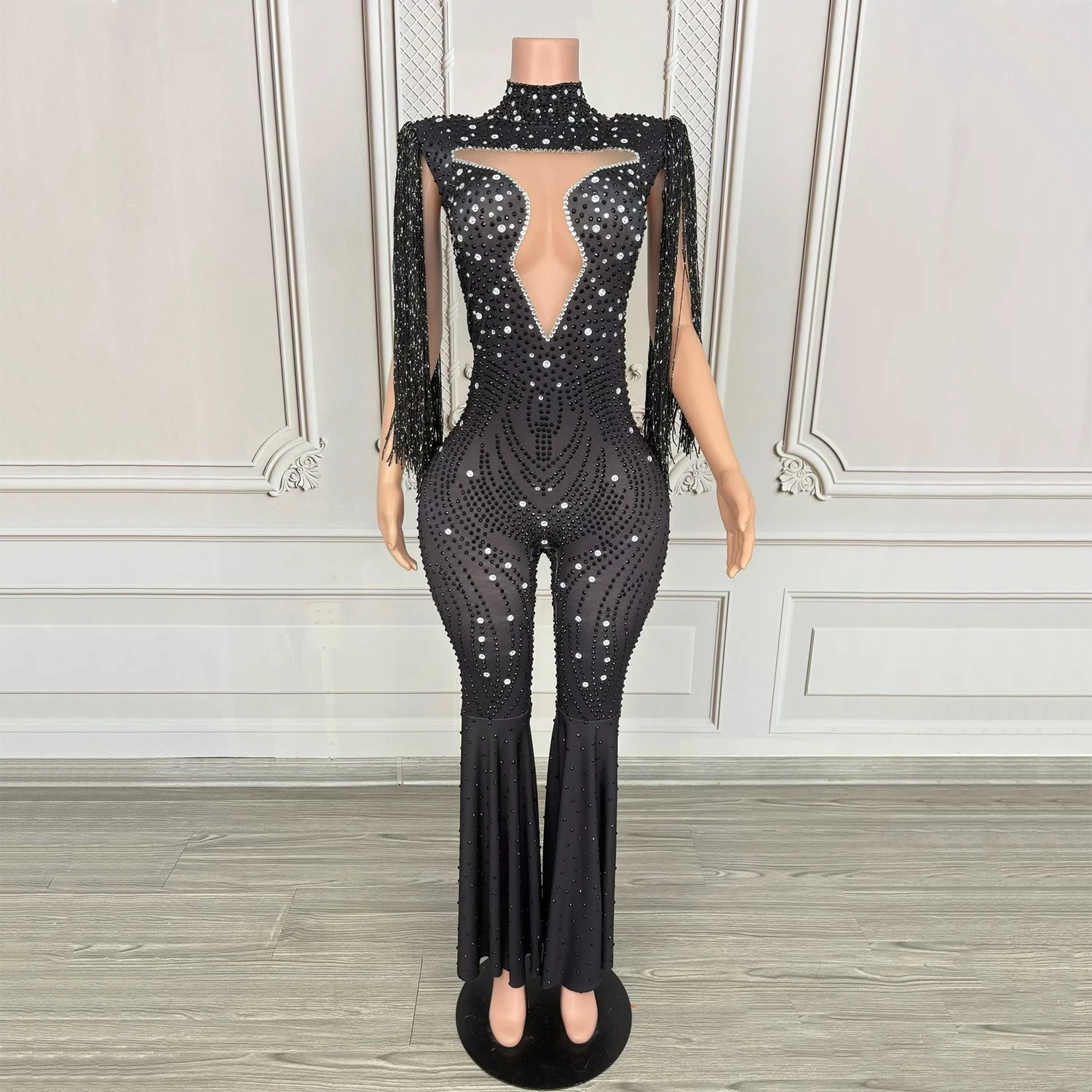 Czarny kombinezon z długimi frędzlami z dżetów, strój do klubu nocnego, dla DJ-a, do tańca na rurze, odzież damska do tańca jazzowego, strój na festiwal, odzież rave, XS10748