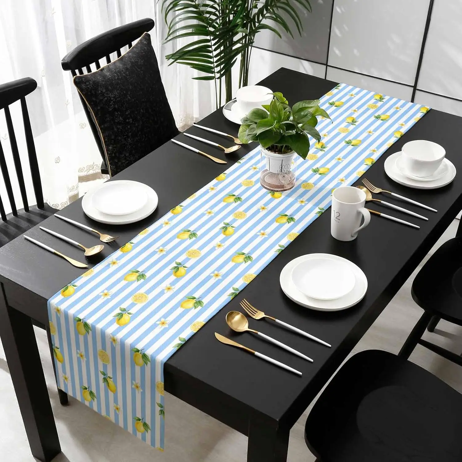 Lemon Floral Blue White Striped Linen Table Runner Home Decor Washable Farmhouse Kitchen Dining Table Runners Party Decorations
