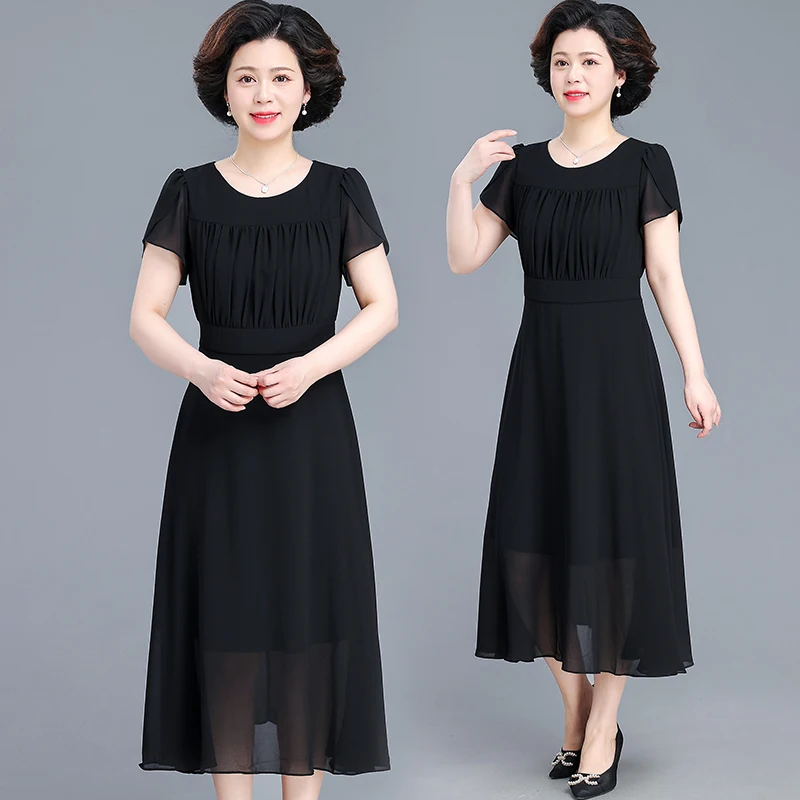 

Модное летнее платье миди для мам 40-49 лет, из полиэстера и шифона, с коротким рукавом, свободного кроя, с круглым вырезом, в корейском стиле