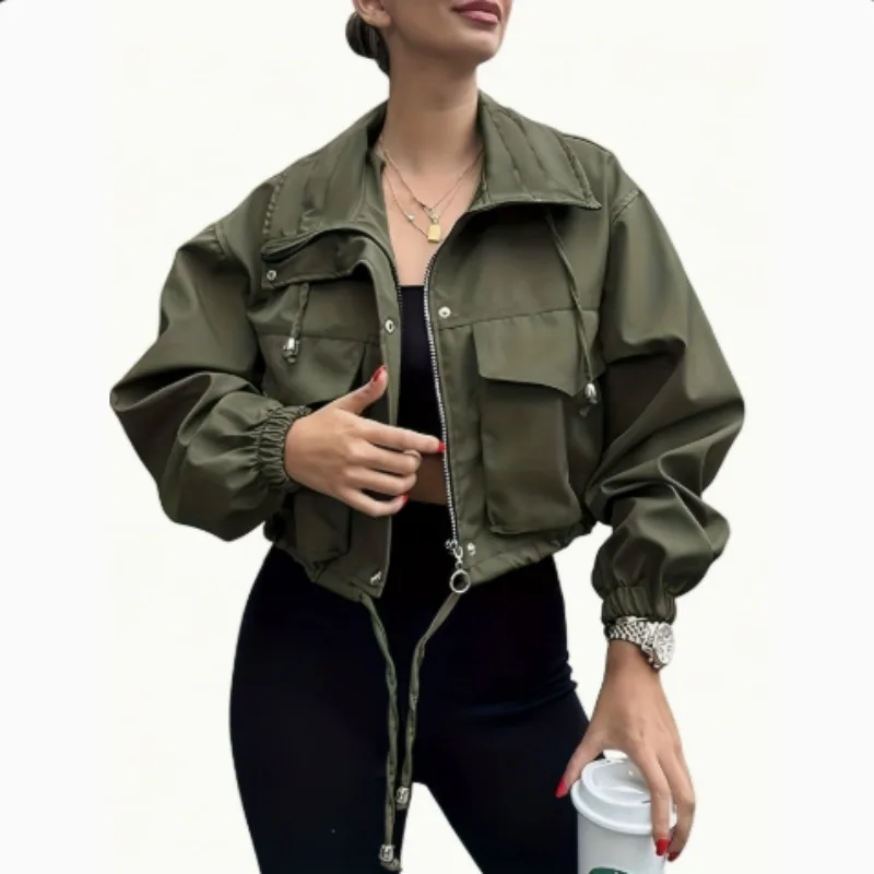 Autumn new women's solid color jacket, short sleeved lapel zipper windbreaker, shoulder strap pocket waist short jacket