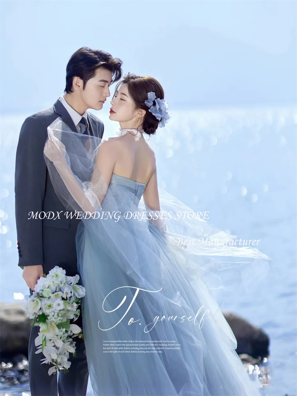 MODX التقطت الصور الكورية ألف خط فستان زفاف بسيط بدون حمالات بلا أكمام تول طول الأرض فساتين العروس زي العرائس