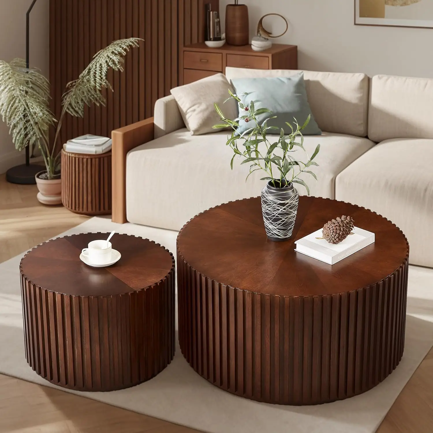 Round Wood End Table For Living Room, Modern Handcraft Drum End Table, Circle Wooden End Table For Small Space Apartment, No