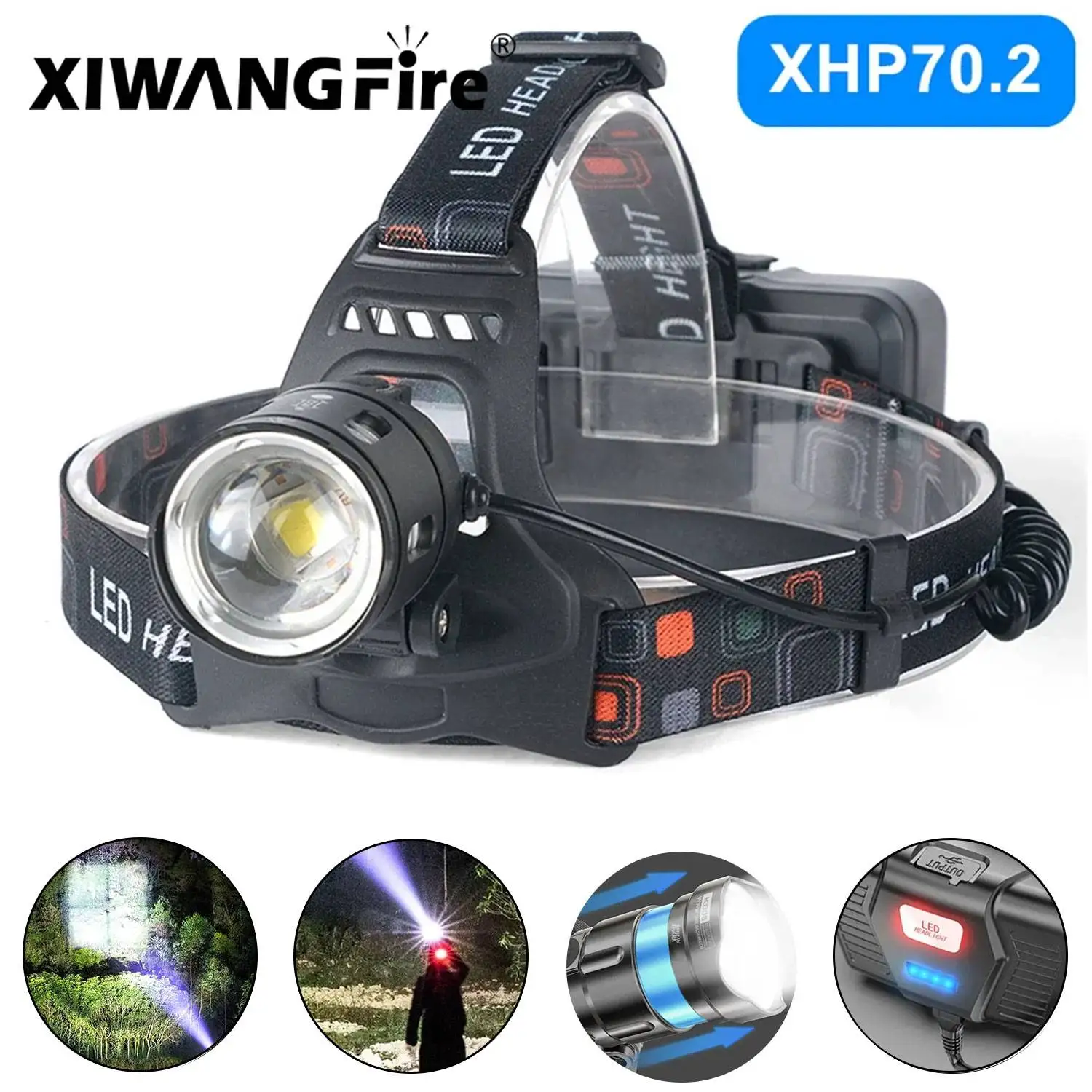 XIWANGFIRE Powerful Led Headlamp Headlight Zoom Head Lamp Flashlight Torch 18650 battery USB Rechargeable Fishing Lantern