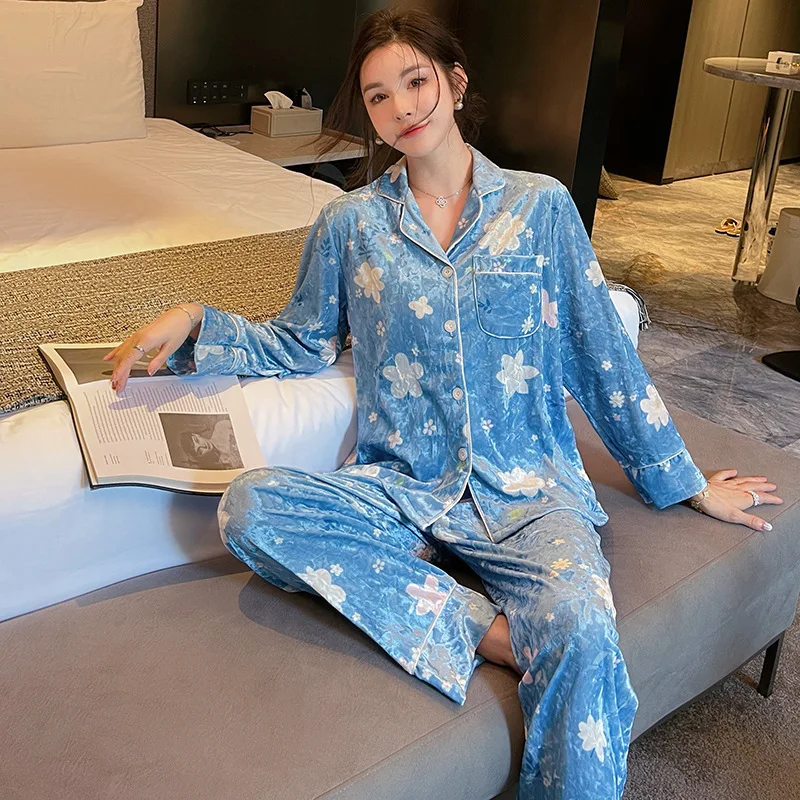 Luxury Gold Velvet Floral Women Pajamas 2piece Set 26 Autumn Winter Long-sleeve Pants Warm Nightgown Sleepwear Loungewear