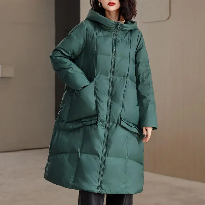 2024 Winter New Down Coat Women Korean Fashion Long Large Pocket Oversized Puffer Jacket Thick Warm Windproof Parkas Outwear