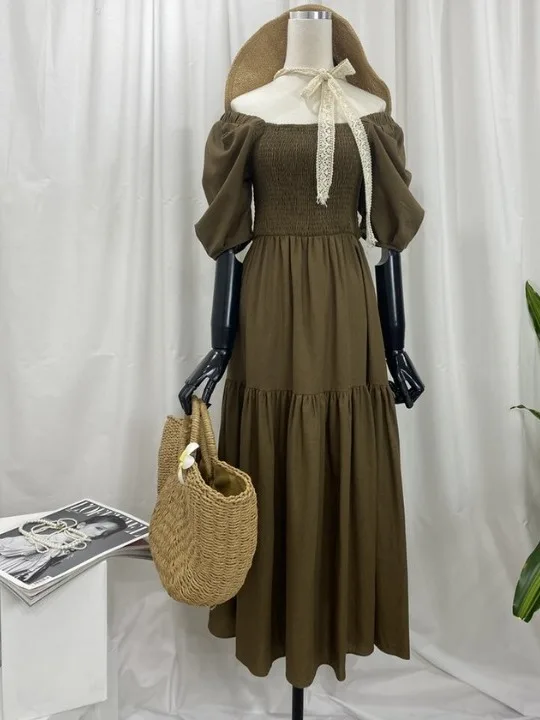 

Dongda Gate 2025 Summer New Sle Ele Square Collar oulder Bared Waist Cinched Slimming Bubble Sve Dr Women