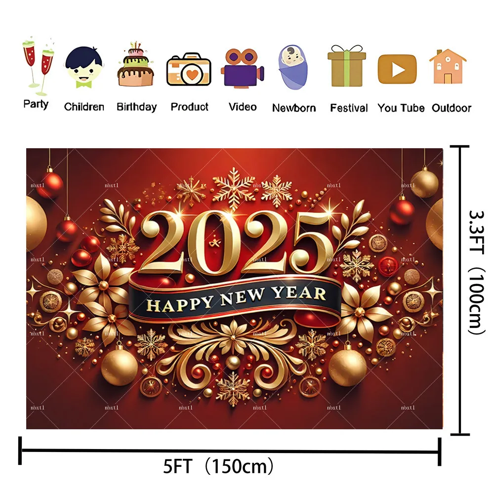 Black Gold 2025 New Year's Eve Party Countdown Background Crown Fireworks Gift Champagne Theme Decoration Home Supplies Props