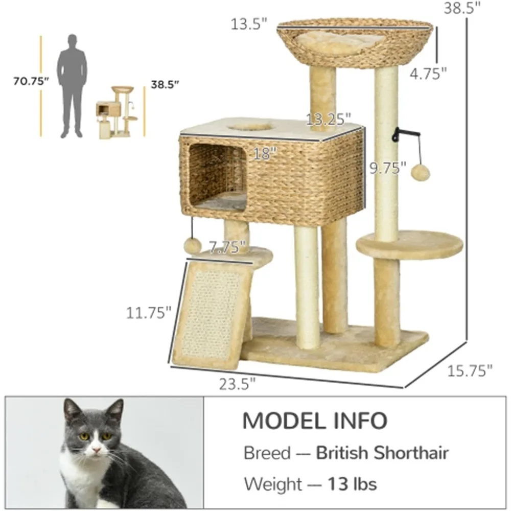 indoor cat tree with scratching posts, ramps, condo, toy balls, platforms, and bed in beige