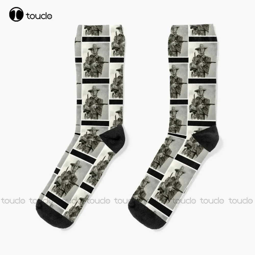 Clint Eastwood Sketch Socks Mens White Socks Personalized Custom Unisex Adult Teen Youth Socks 360° Digital Printing New Popular