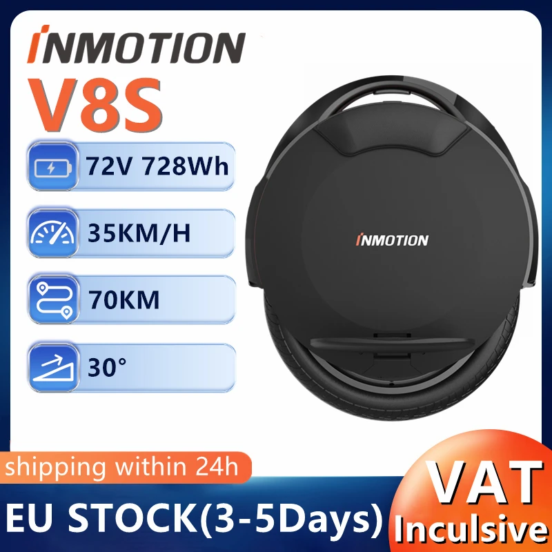 EU-Stock INMOTION V8S Electric Unicycle 72V 728Wh 1000W Motor 35KM/H Speed 70KM Range Original Self Balance Smart Monowheel