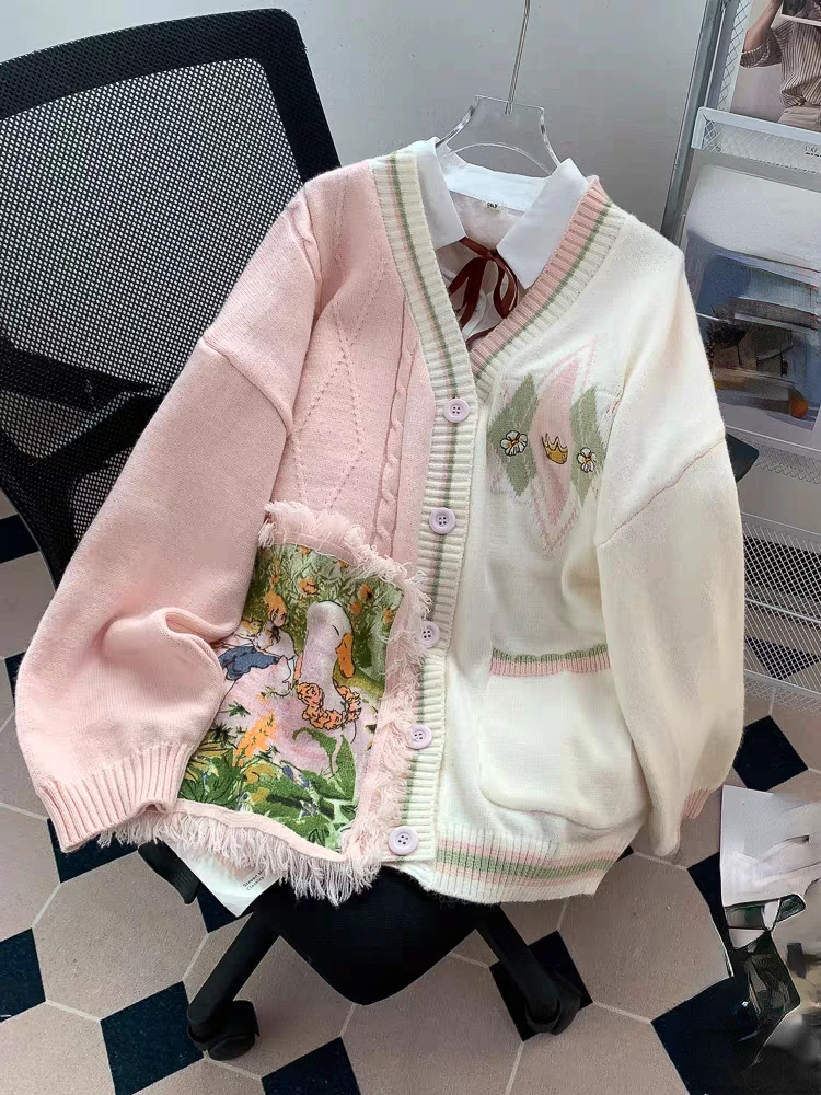 Preppy Style Plus Size Cardigan V Neck Tassel Pockets Cartoon Jacquard Design Sweater Casual Loose All Match Women Clothing 2024