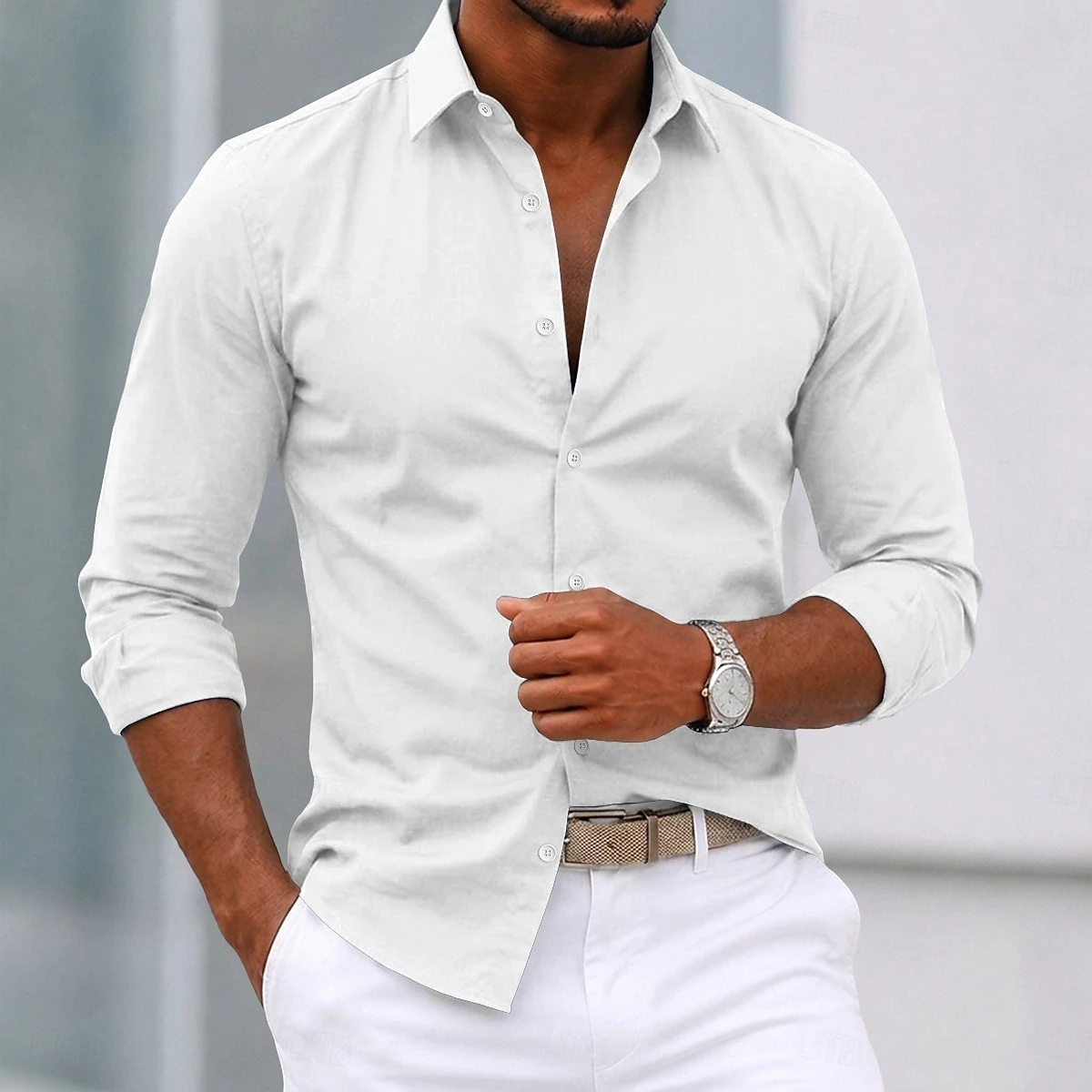 Solid color long-sleeved collared shirt, business casual style, basic men's commuter top.
