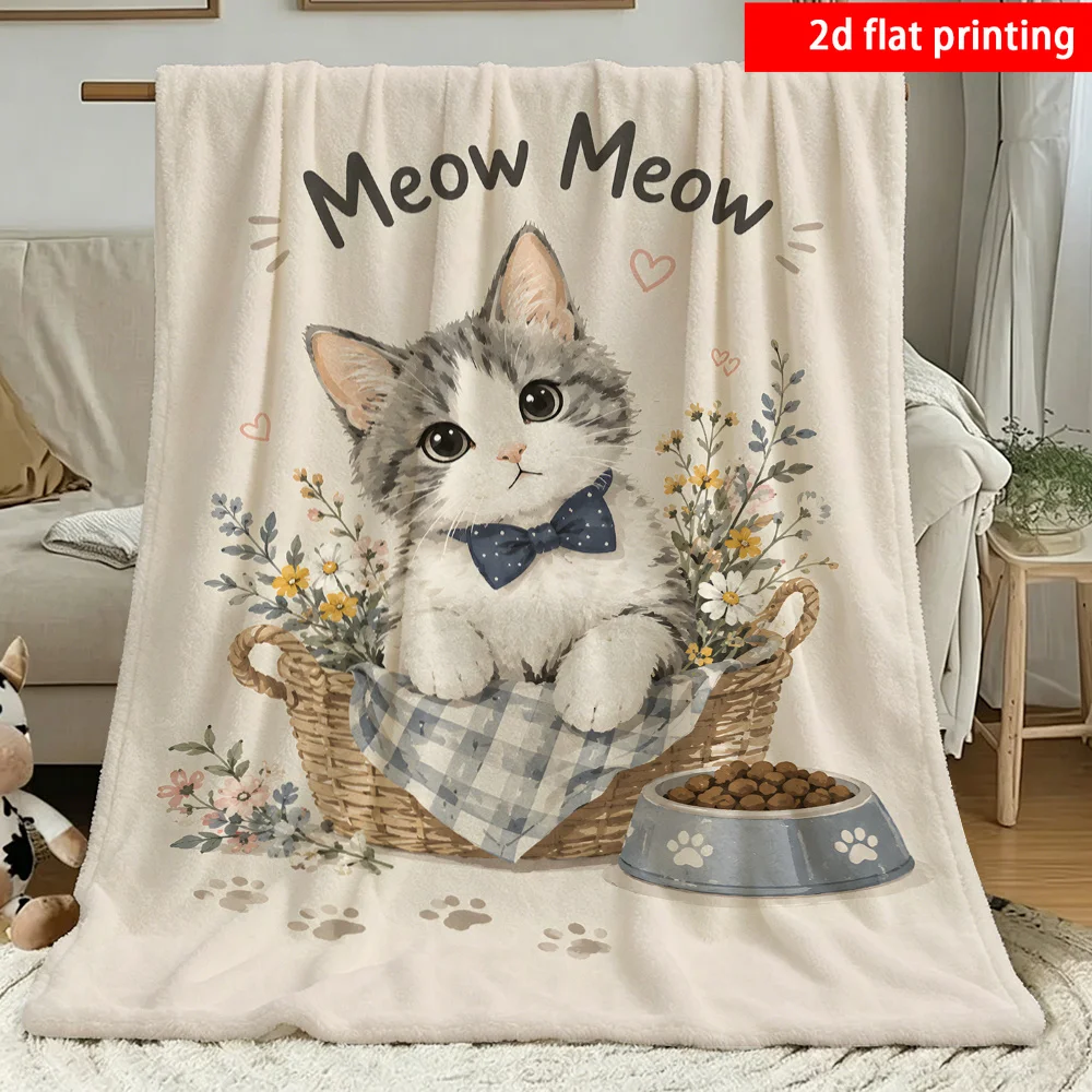 2D Flat Printing, 1pc, Healing Basket Bowtie Gray Tabby Kitten Meow Meow Printed Flannel Blanket, Single-sided Print, Suitable f