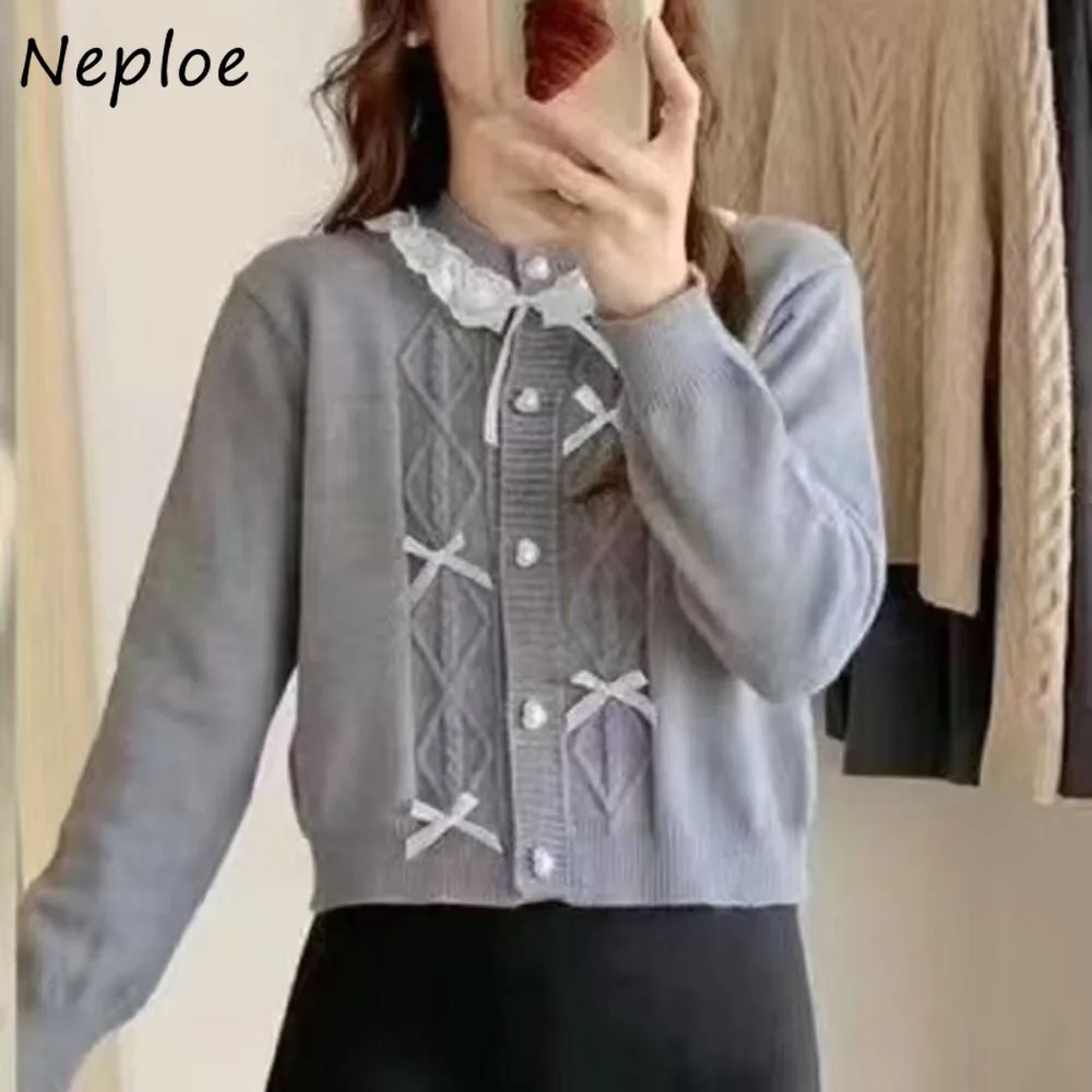 Neploe Loose Sweet Lace Patchwork Bow Exquisite Cardigan French Style Western Warm All-match Crop Top Pearl Button Preppy Jumper