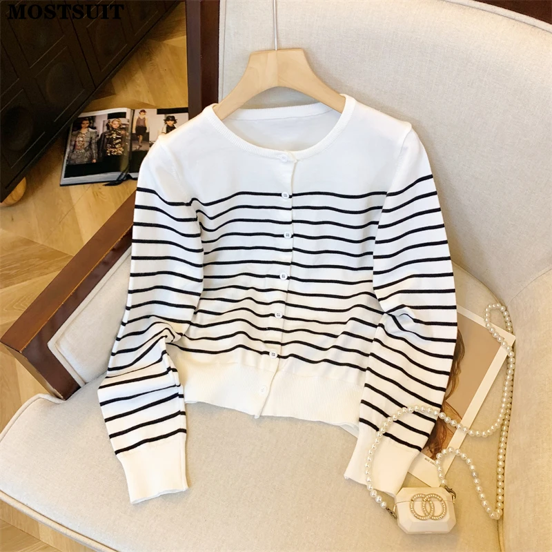 

Striped Loose Knit Sweater Cardigan Women 2025 Autumn Winter Long Sleeve O-neck Knitwear Tops Casual Fashion Ladies Jumpers