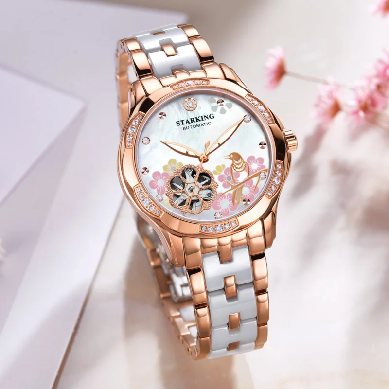 STARKING Ceramic Hollow Floral Mechanical Women's Watch