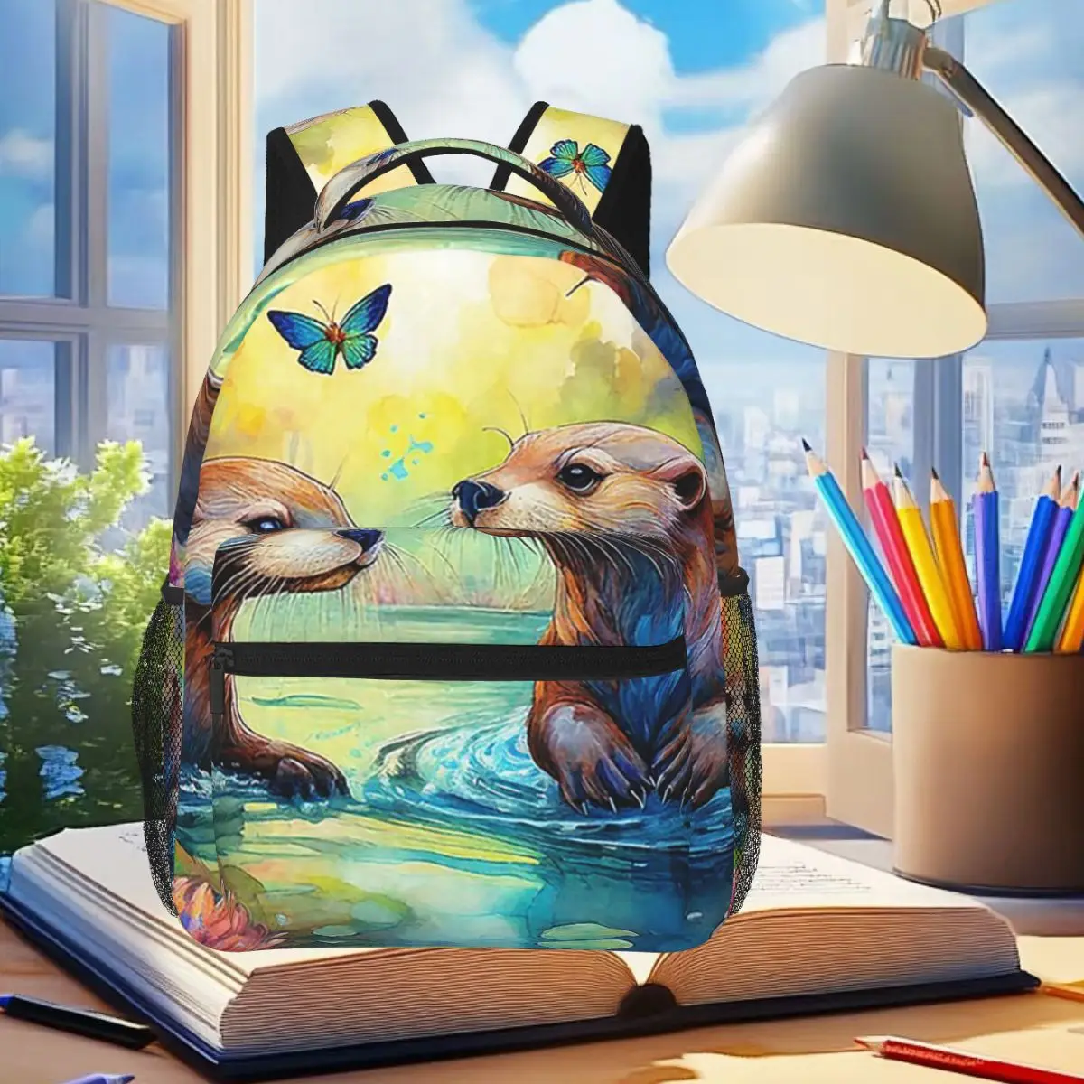 

Otters And Blossom Is In The Water Backpack Student Boys Girls BookBag Children School Bag Computer Shoulder Bags for Men Women