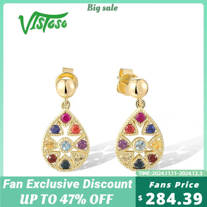 VISTOSO Real 14K 585 Yellow Gold Earrings For Women Sparkling Colorful Gems Dangling Round Exquisite Party Gifts Fine Jewelry