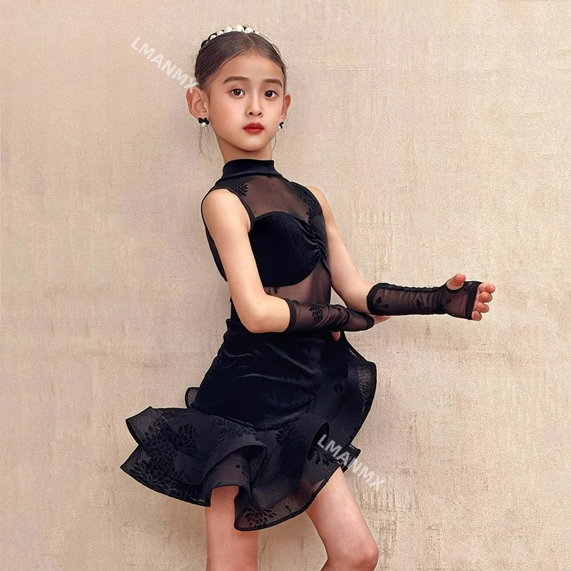 2025 New Summer Latin Dance Dress, Advanced Feeling Practice Dress, Children's Performance Dance Dress Set