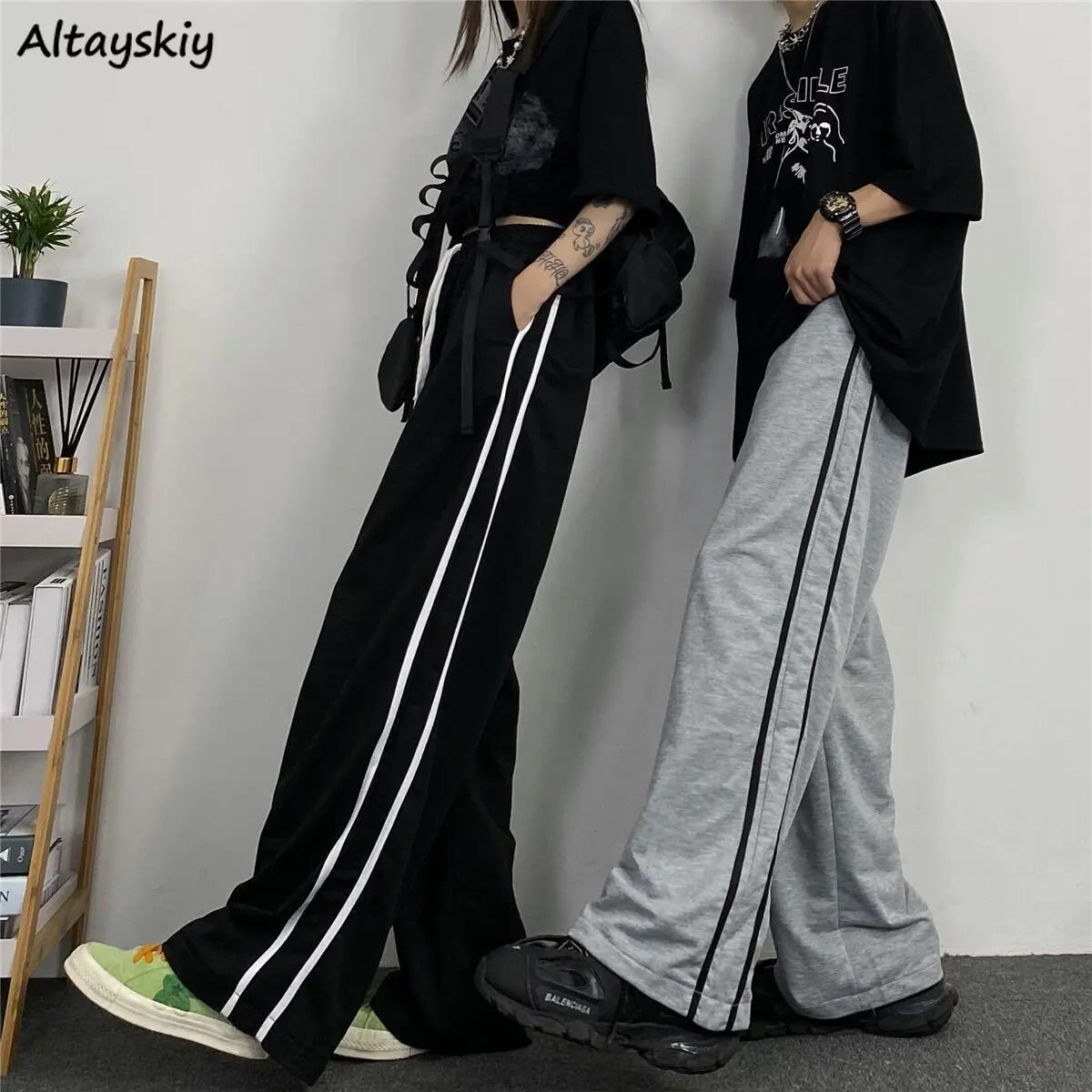 

Basic Sporty Wide Leg Pants Women Simple Loose Leisure Side Striped All-match Students Streetwear Autumn Korean Chic Pantalones