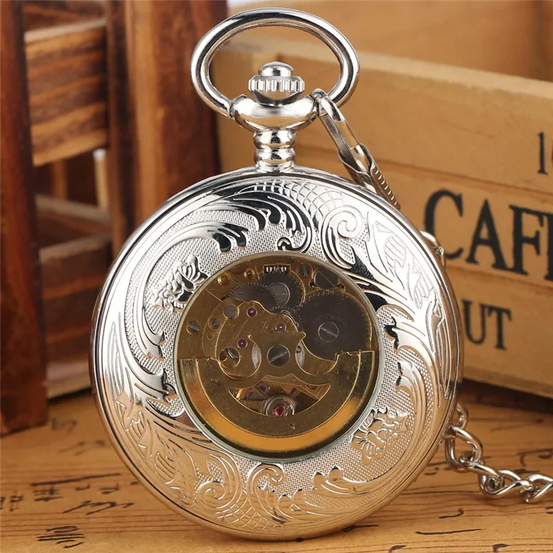 Retro Hollow Phoenix Automatic Mechanical Self Wind Pocket Watch Arabic Number Dial Fob Pendant Chain Watches Clock Gift