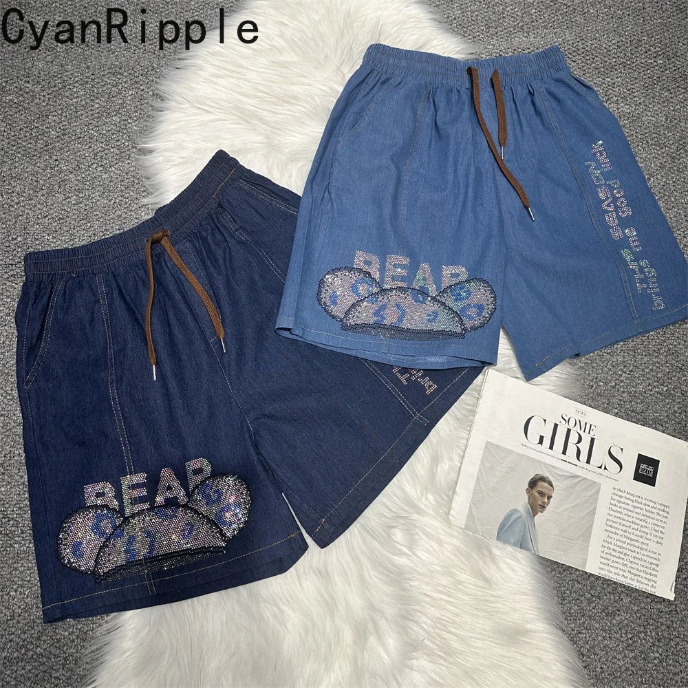 Large Size New Spring Summer Wide Leg Casual Women Denim Pants All-match Cartoon Hot Diamonds Elastic Waist Straight Hot Shorts