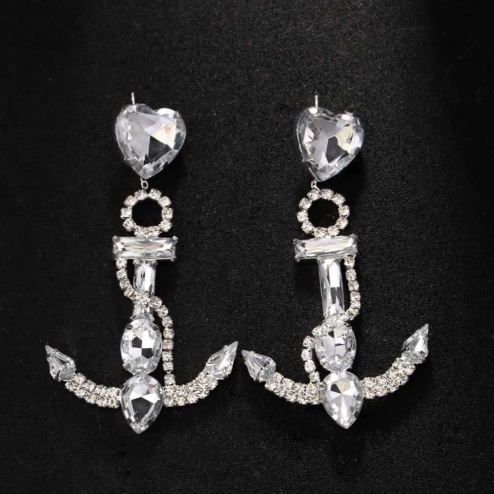 Exaggerated New Style Rhinestone Anchor Earrings Jewelry for Women Fashion Advanced Crystal Heart Dangle Earrings Wholesale