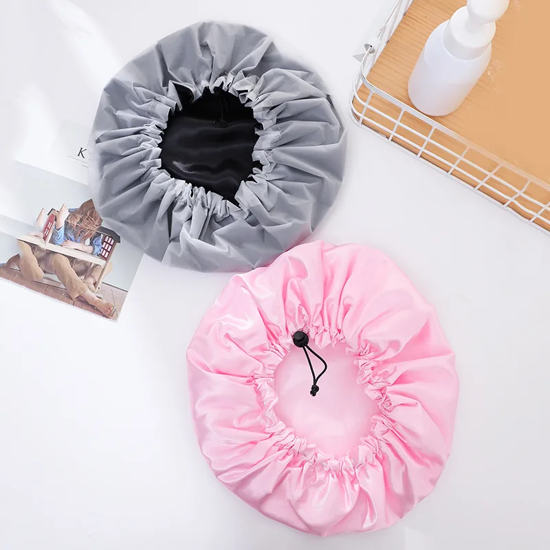 Double-Layer Oversized Drawstring Adjustable Shower Cap with Waterproof Black Satin + PEVA Material