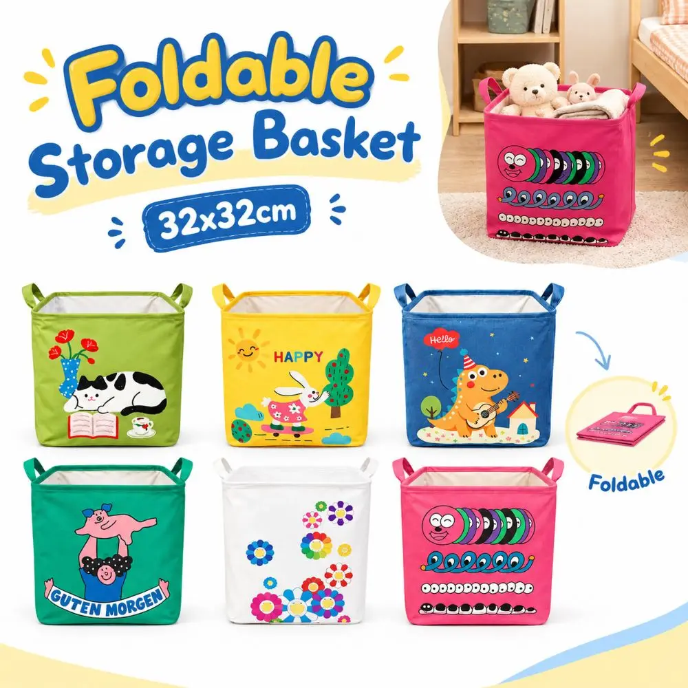 32x32cm Foldable Storage Basket Waterproof Cartoon Pattern Car Trunk Organizer Fabric Carry Handles Laundry Basket Home Office