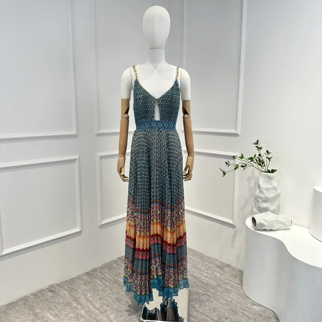 

2024 New Summer Spring High Quality Chest Cut Out Printing Metal Chain Strap Ruched Sleeveless Women Midi Dress