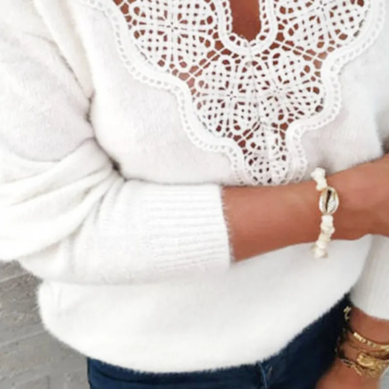 Lace v-neck knitted sweater white warm hollow medium and long sweater