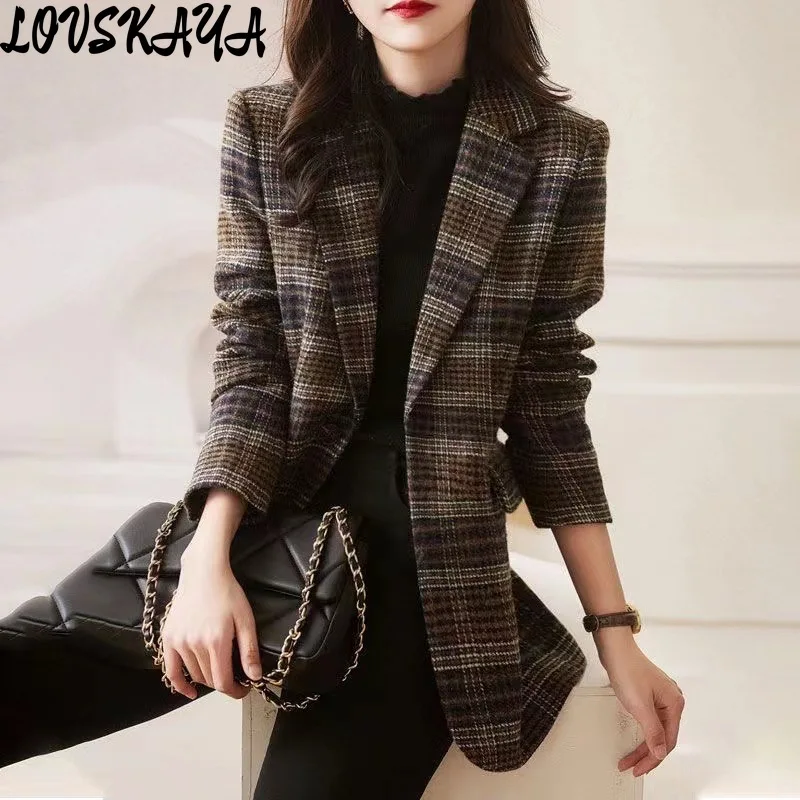 New Korean version of British style fashionable and western-style small suit top high-end plaid suit jacket women